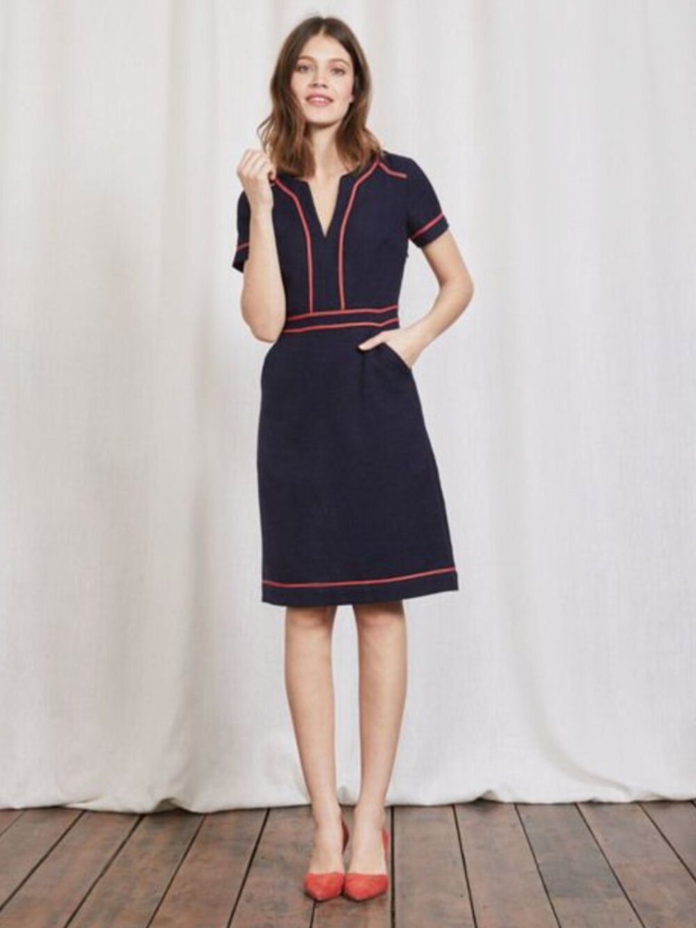 Boden Navy Midi Dress with Red Trim